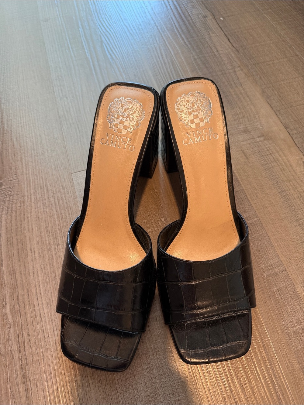 Vince Camuto Black Croc-Embossed Slide Mules